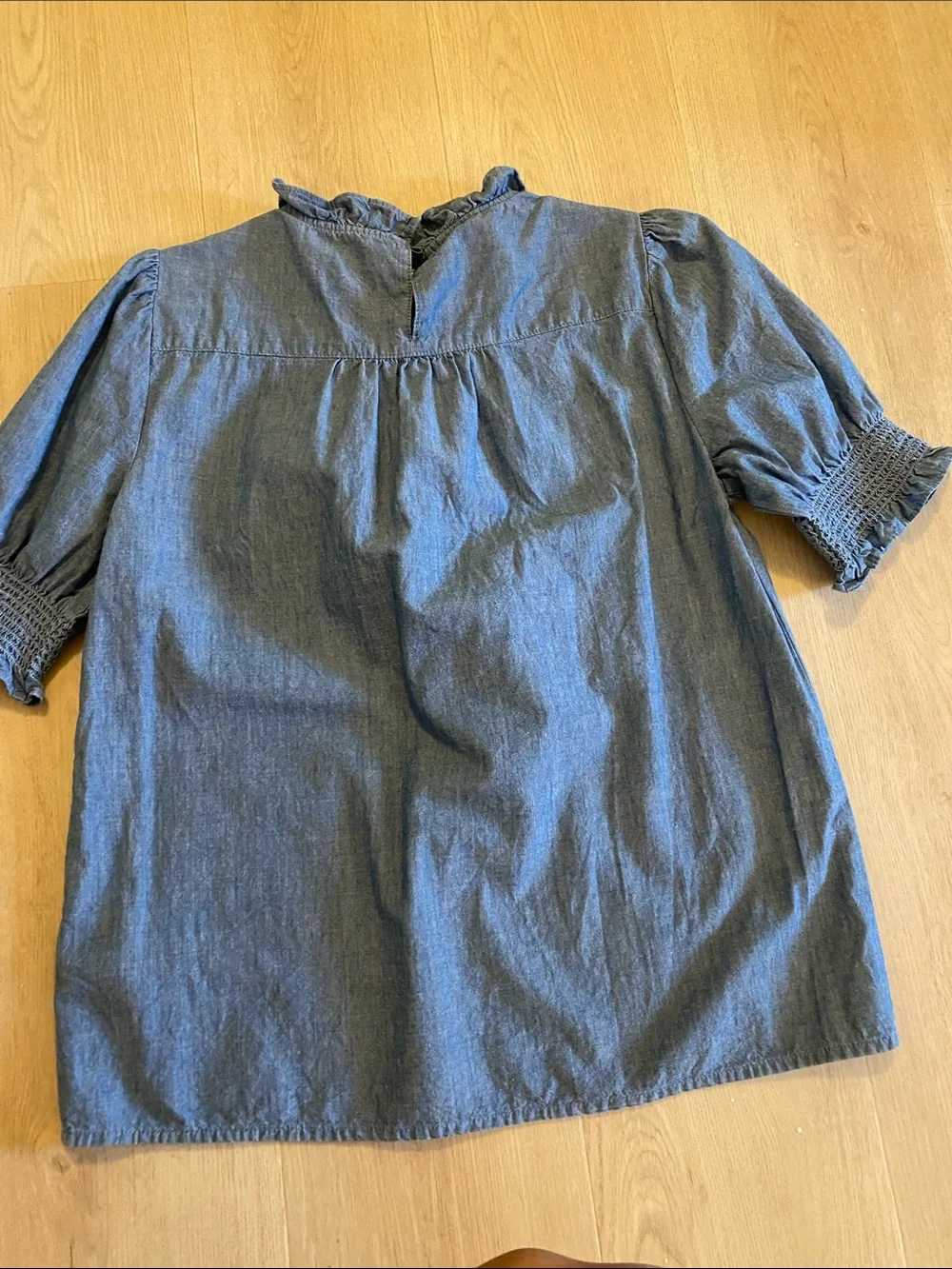 J. Crew Denim-Style Puff Sleeve Ruffle Neck Blouse
